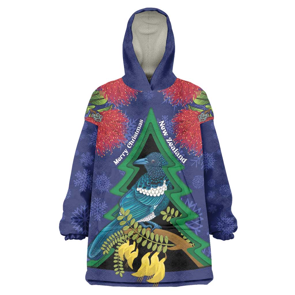 New Zealand Christmas In July Wearable Blanket Hoodie Kowhai Tui Bird With Pohutukawa - Blue LT14 One Size Blue - Polynesian Pride