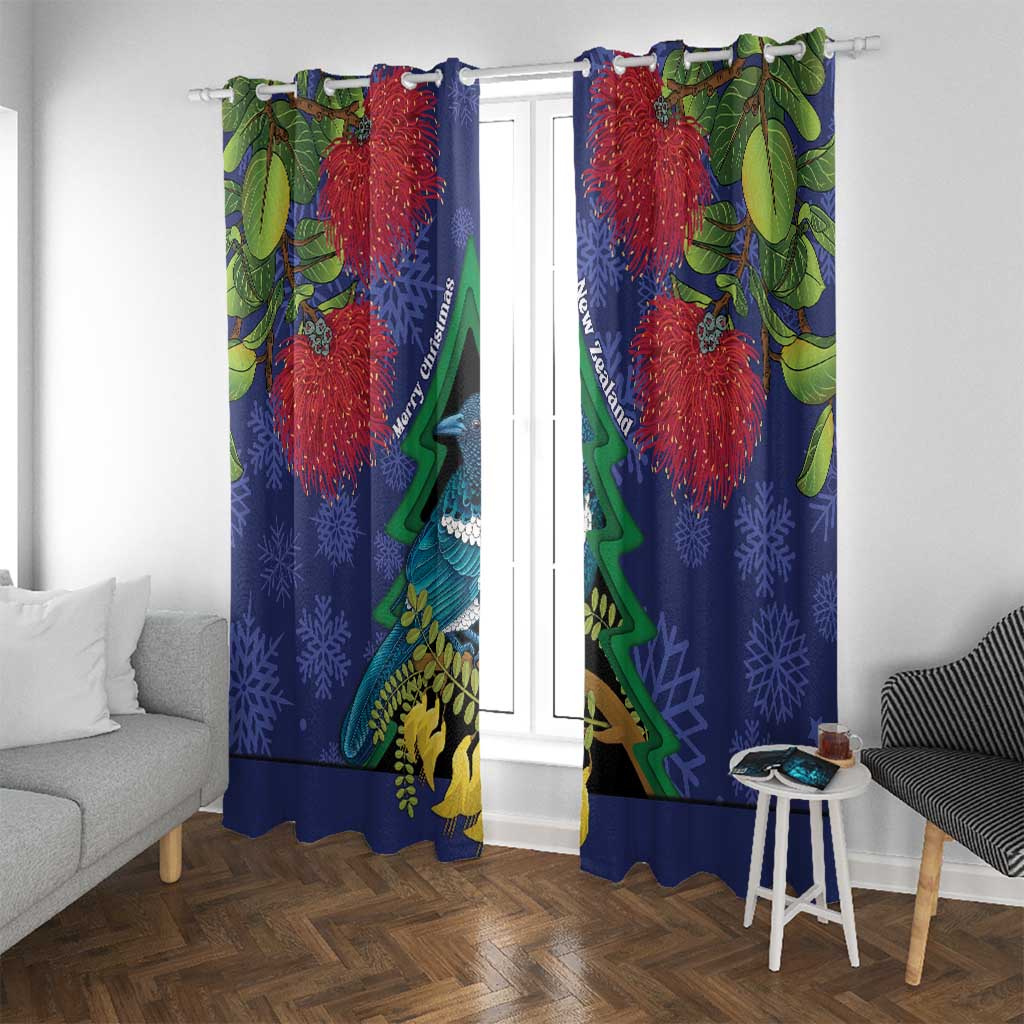 New Zealand Christmas In July Window Curtain Kowhai Tui Bird With Pohutukawa - Blue