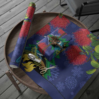 New Zealand Christmas In July Wrapping Paper Kowhai Tui Bird With Pohutukawa - Blue - Polynesian Pride