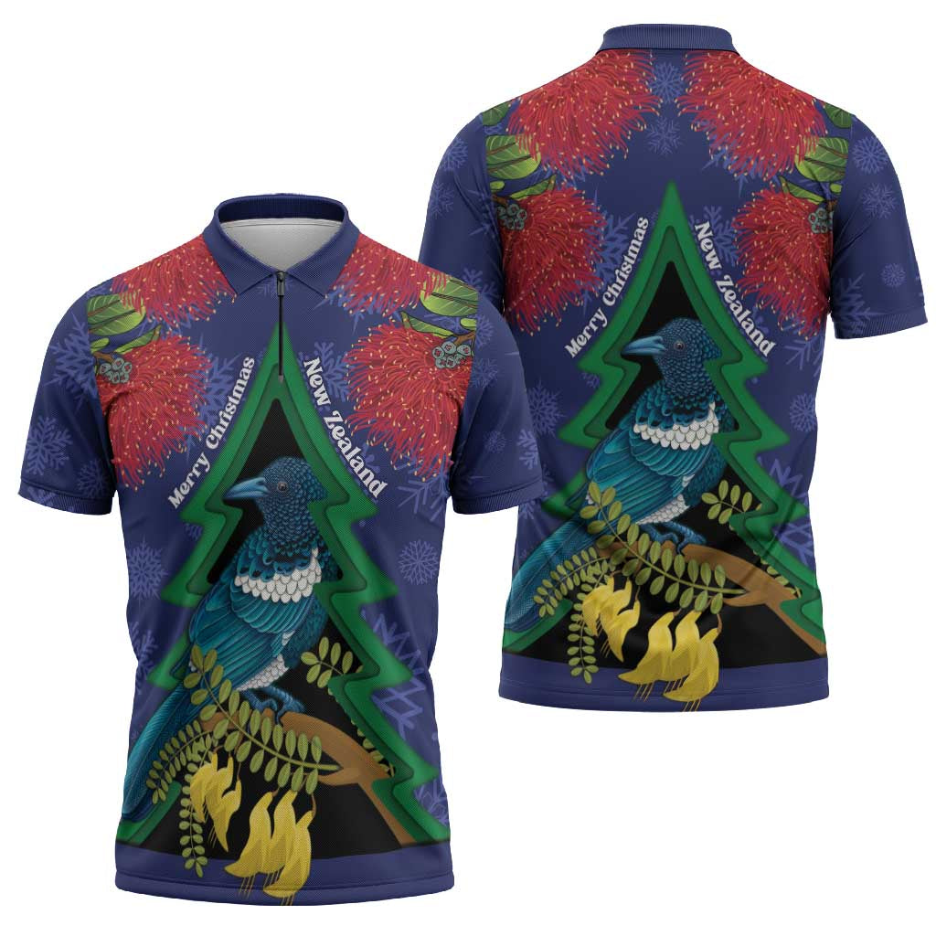 New Zealand Christmas In July Zipper Polo Shirt Kowhai Tui Bird With Pohutukawa - Blue - Polynesian Pride