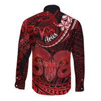 Polynesian Pride Aries Zodiac Long Sleeve Button Shirt Astrological Sign Tribal Plumeria Red Galaxy LT14 - Polynesian Pride