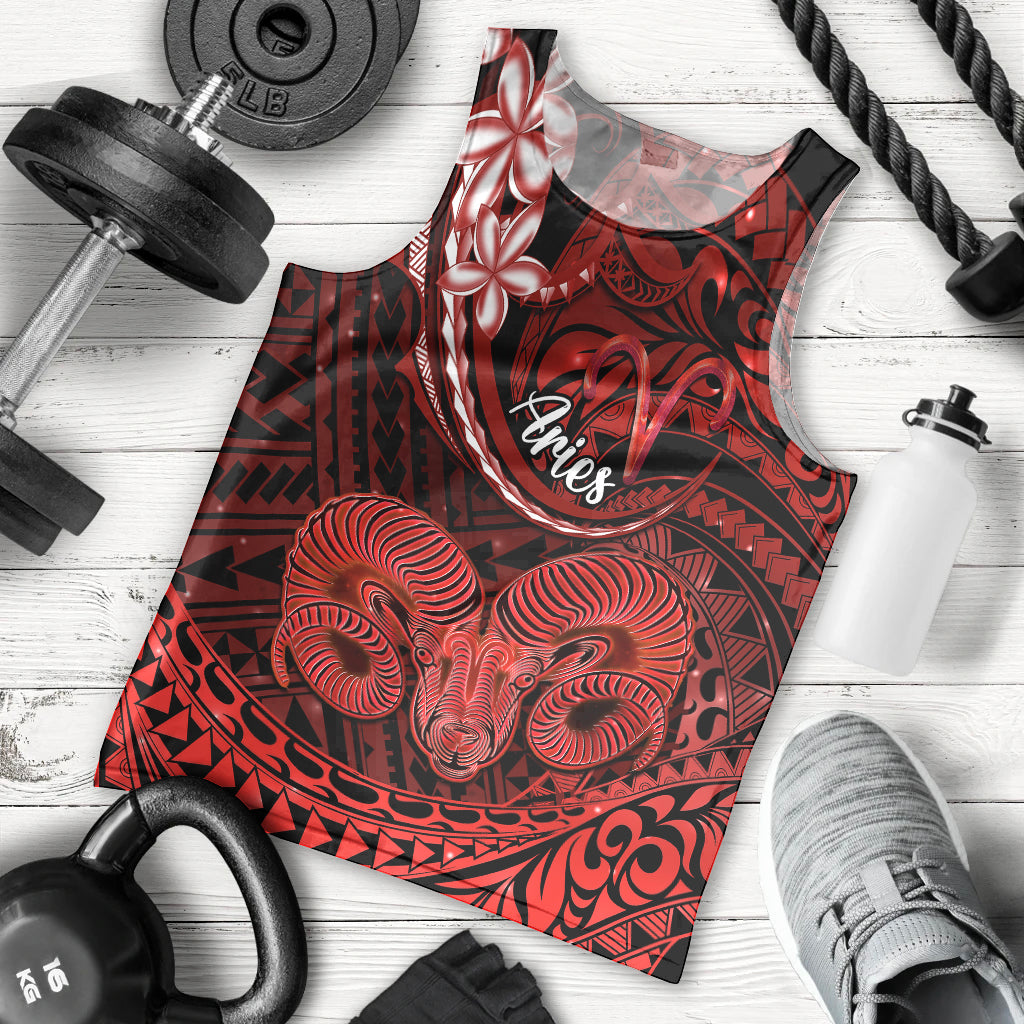 Polynesian Pride Aries Zodiac Men Tank Top Astrological Sign Tribal Plumeria Red Galaxy LT14 Red - Polynesian Pride