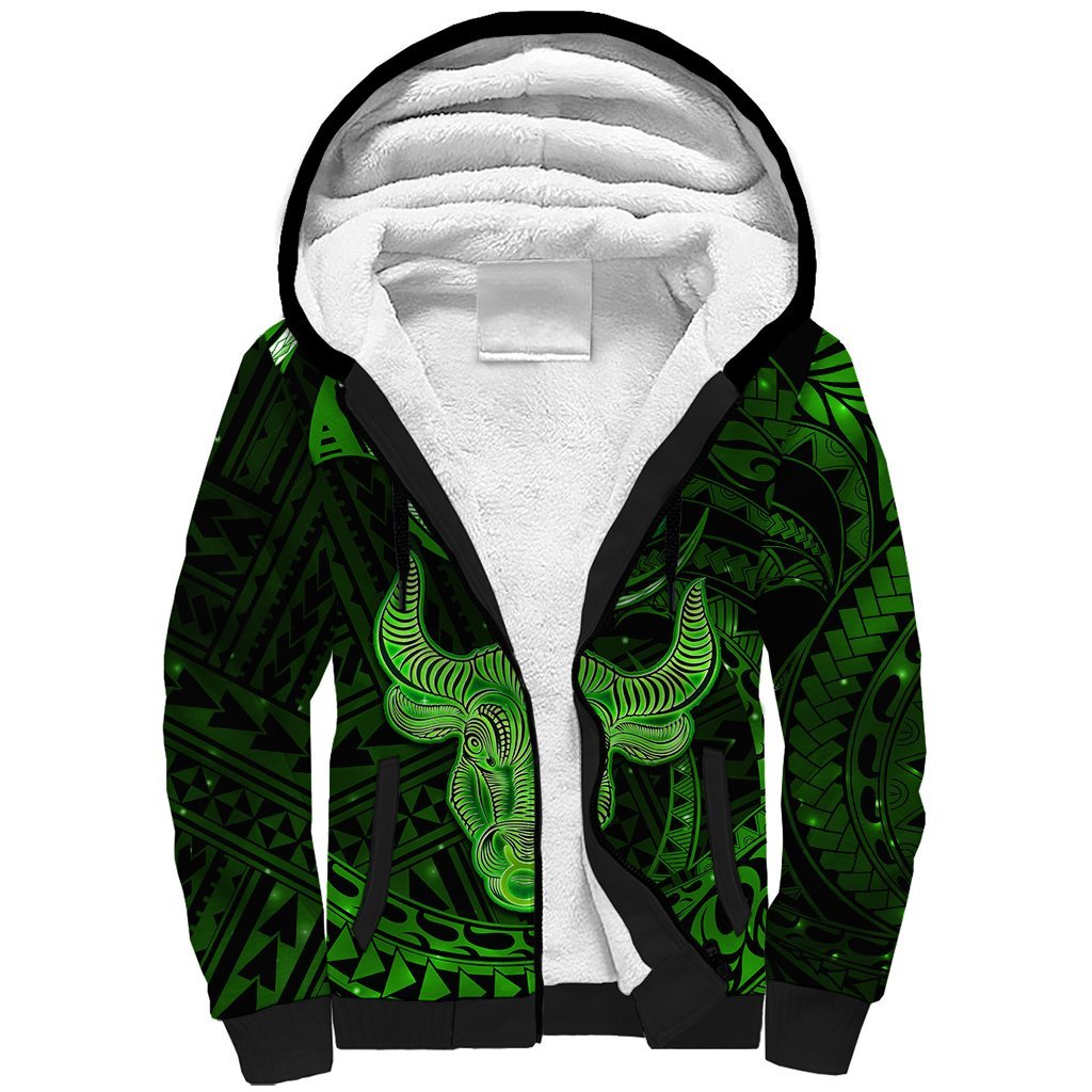 Polynesian Pride Taurus Zodiac Sherpa Hoodie Astrological Sign Tribal Plumeria Green Galaxy LT14 Unisex Green - Polynesian Pride