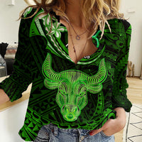 Polynesian Pride Taurus Zodiac Women Casual Shirt Astrological Sign Tribal Plumeria Green Galaxy LT14 Female Green - Polynesian Pride
