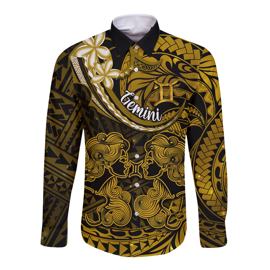 Polynesian Pride Gemini Zodiac Long Sleeve Button Shirt Astrological Sign Tribal Plumeria Gold Galaxy LT14 Unisex Gold - Polynesian Pride