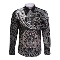 Polynesian Pride Cancer Zodiac Long Sleeve Button Shirt Astrological Sign Tribal Plumeria Grey Galaxy LT14 Unisex Grey - Polynesian Pride