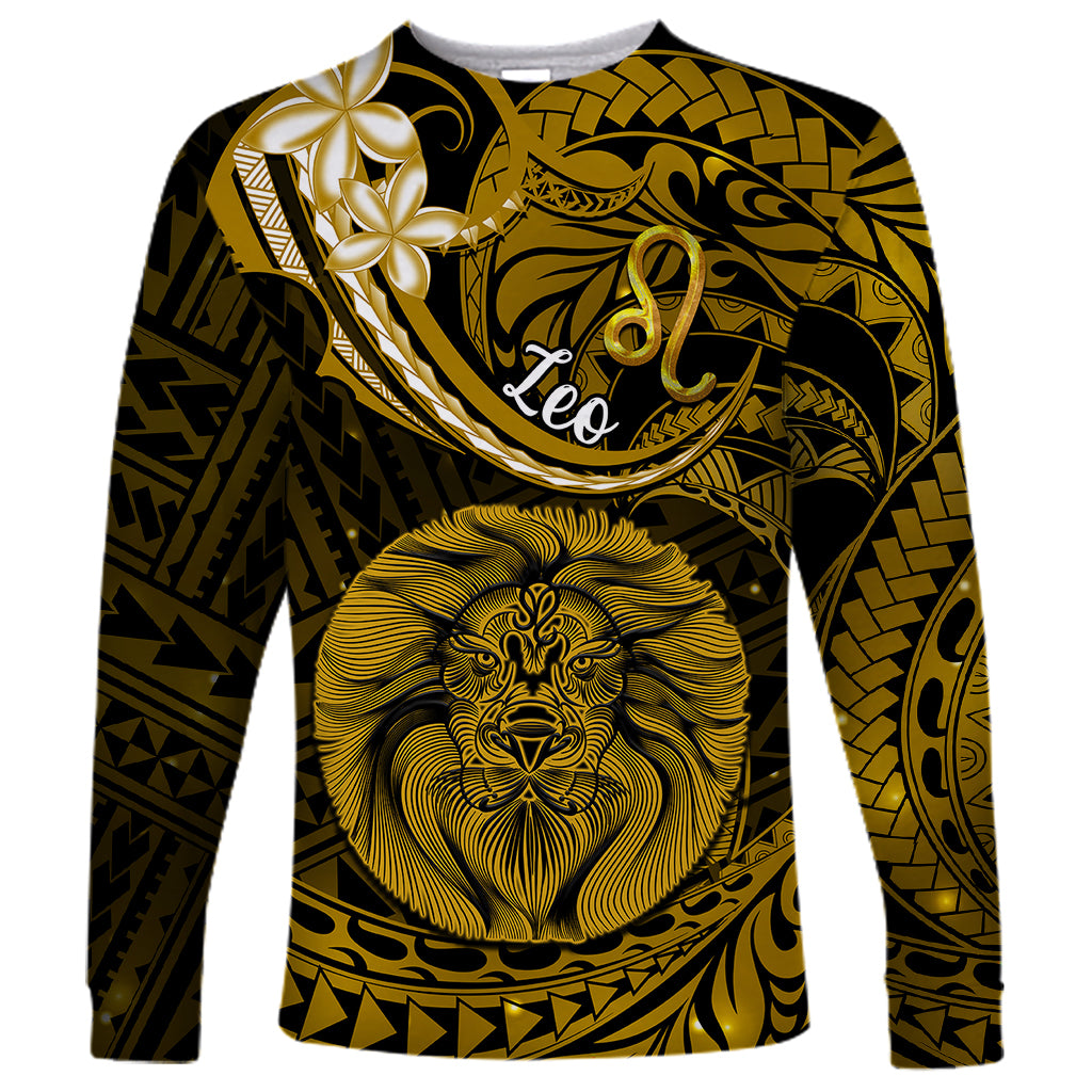 Polynesian Pride Leo Zodiac Long Sleeve Shirt Astrological Sign Tribal Plumeria Gold Galaxy LT14 Unisex Gold - Polynesian Pride