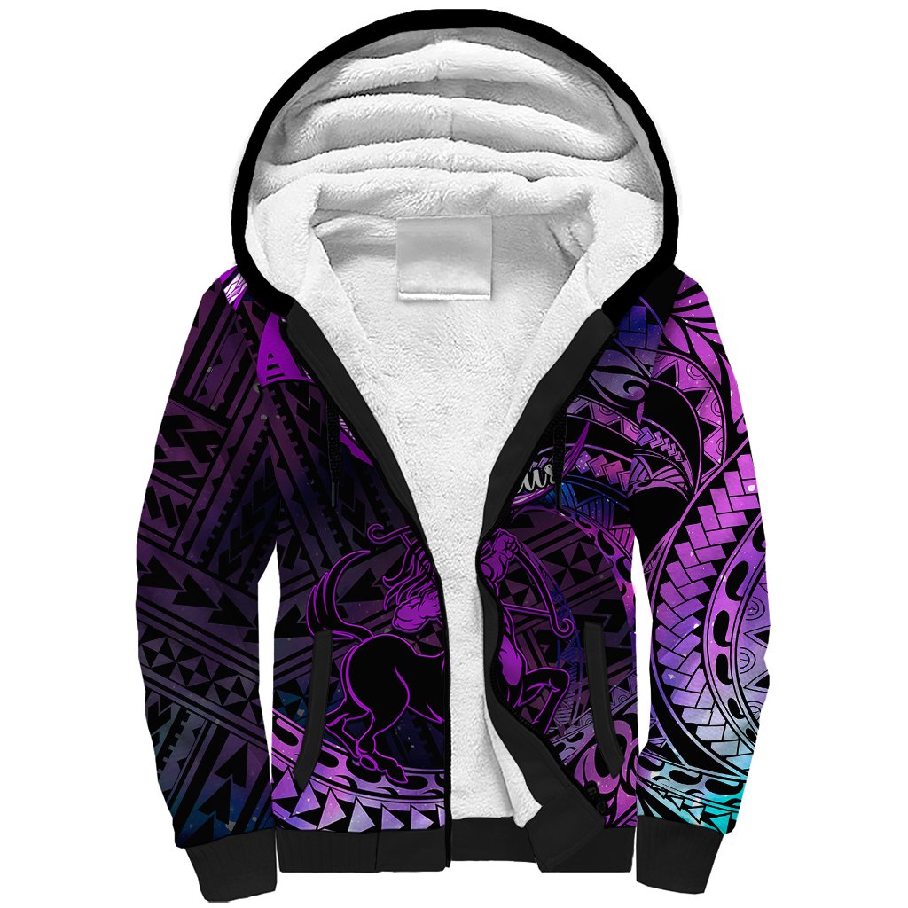 Polynesian Pride Sagittarius Zodiac Sherpa Hoodie Astrological Sign Tribal Plumeria Purple Galaxy LT14 Unisex Purple - Polynesian Pride
