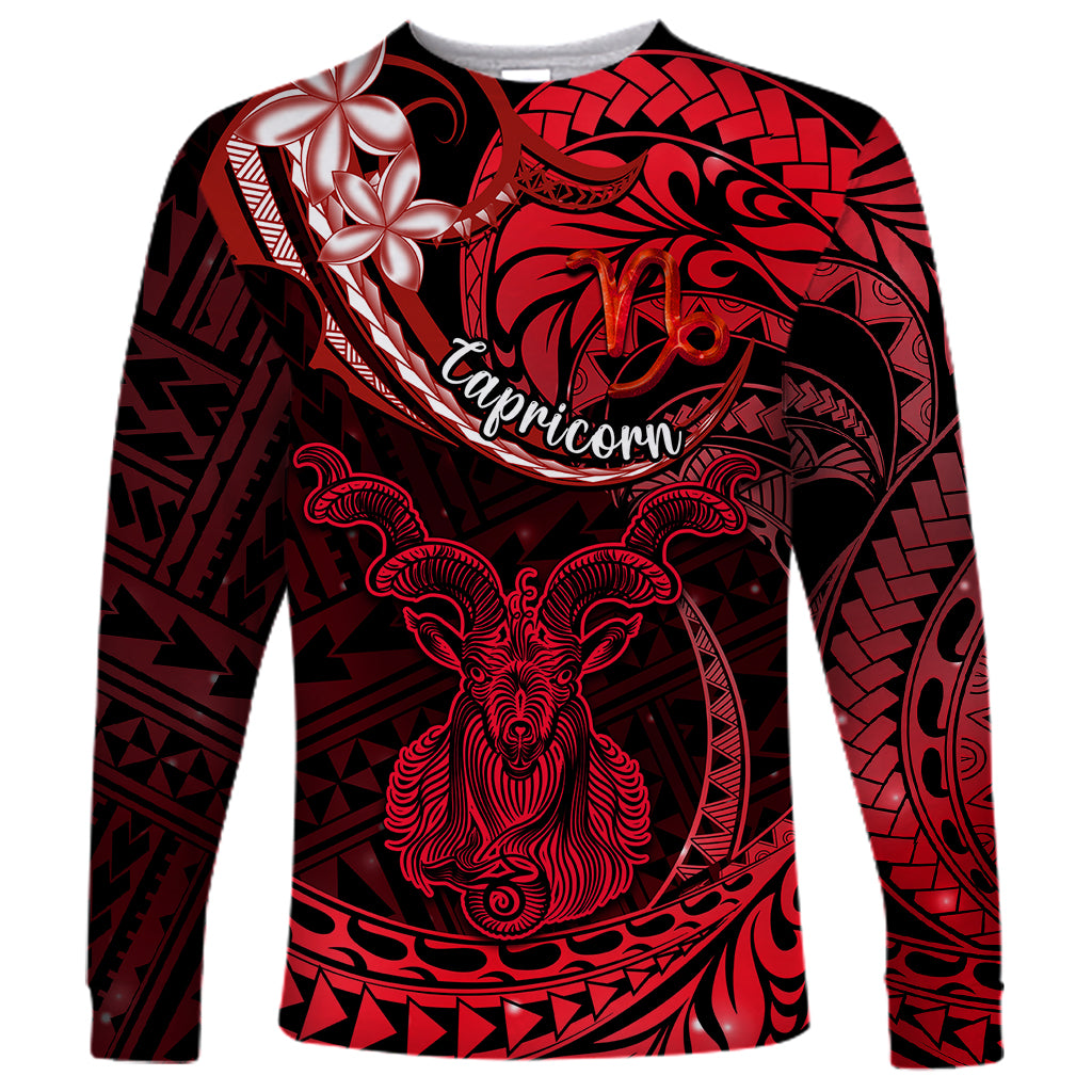 Polynesian Pride Capricorn Zodiac Long Sleeve Shirt Astrological Sign Tribal Plumeria Red Galaxy LT14 Unisex Red - Polynesian Pride