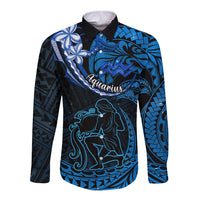 Polynesian Pride Aquarius Zodiac Long Sleeve Button Shirt Astrological Sign Tribal Plumeria Blue Galaxy LT14 Unisex Blue - Polynesian Pride