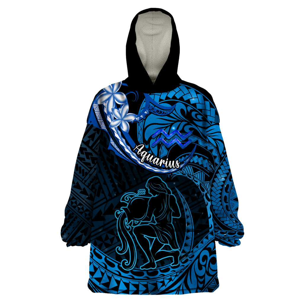 Polynesian Pride Aquarius Zodiac Wearable Blanket Hoodie Astrological Sign Tribal Plumeria Blue Galaxy LT14 One Size Blue - Polynesian Pride