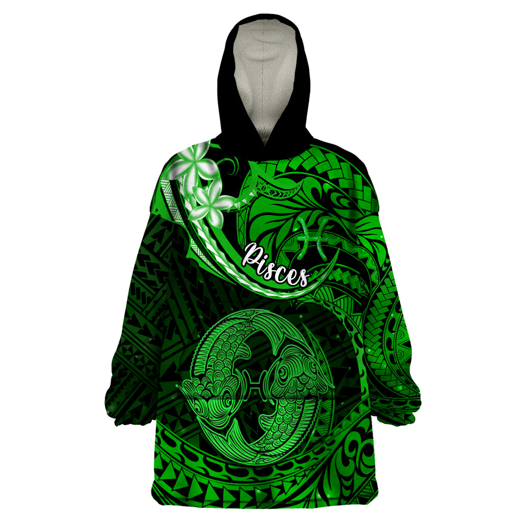 Polynesian Pride Pisces Zodiac Wearable Blanket Hoodie Astrological Sign Tribal Plumeria Green Galaxy LT14 One Size Green - Polynesian Pride