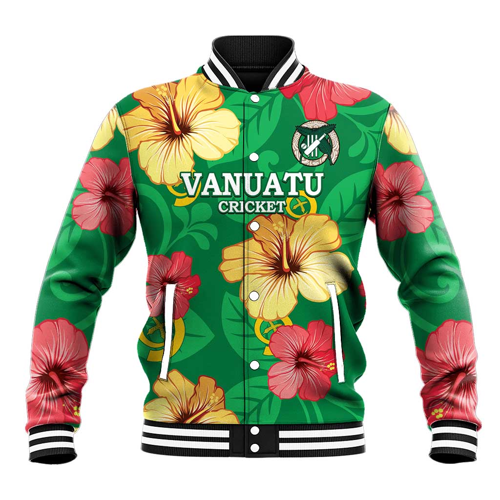 Custom Vanuatu Cricket Baseball Jacket 2024 Tropical Flowers Version LT14 Unisex Green - Polynesian Pride