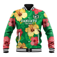 Custom Vanuatu Cricket Baseball Jacket 2024 Tropical Flowers Version LT14 Unisex Green - Polynesian Pride