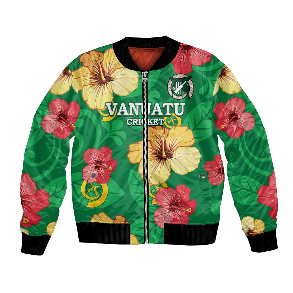 Custom Vanuatu Cricket Bomber Jacket 2024 Tropical Flowers Version LT14 Unisex Green - Polynesian Pride