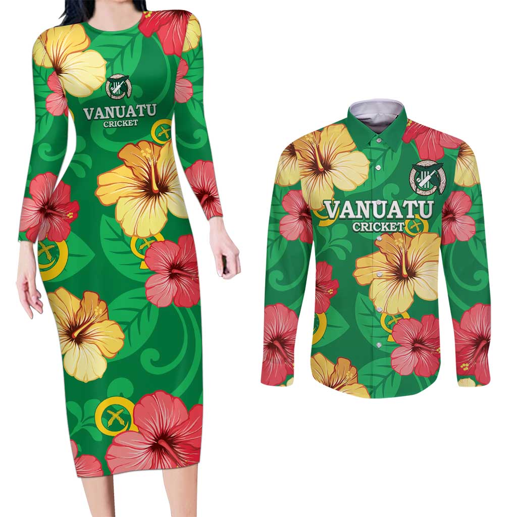 Custom Vanuatu Cricket Couples Matching Long Sleeve Bodycon Dress and Long Sleeve Button Shirt 2024 Tropical Flowers Version LT14 Green - Polynesian Pride