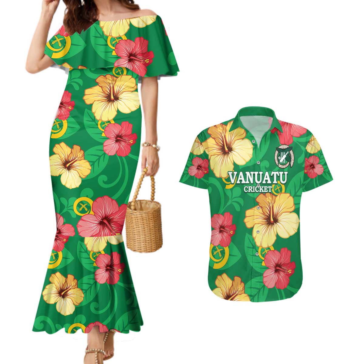 Custom Vanuatu Cricket Couples Matching Mermaid Dress and Hawaiian Shirt 2024 Tropical Flowers Version