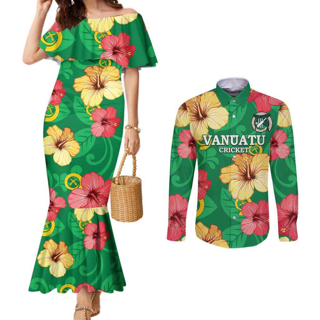Custom Vanuatu Cricket Couples Matching Mermaid Dress and Long Sleeve Button Shirt 2024 Tropical Flowers Version LT14 Green - Polynesian Pride