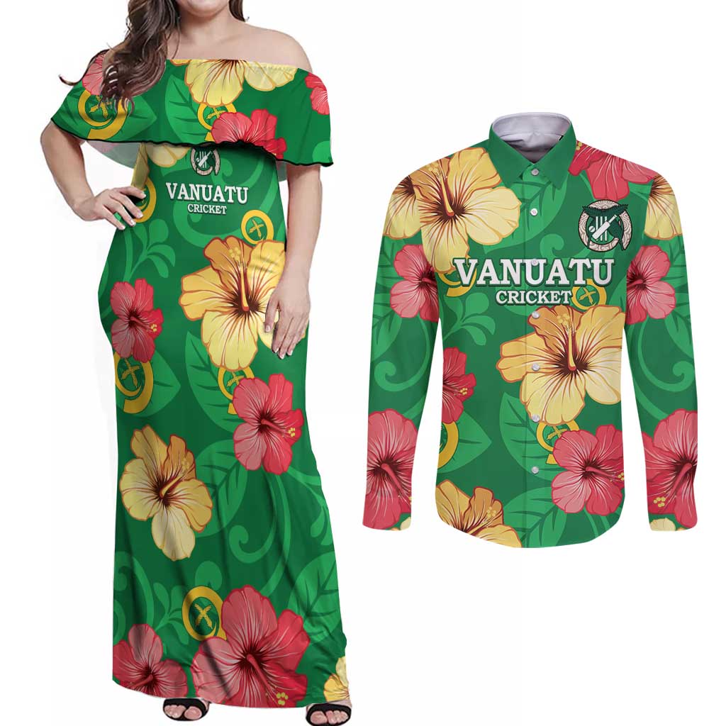 Custom Vanuatu Cricket Couples Matching Off Shoulder Maxi Dress and Long Sleeve Button Shirt 2024 Tropical Flowers Version LT14 Green - Polynesian Pride