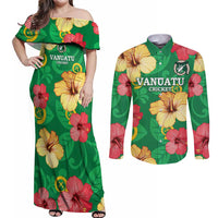 Custom Vanuatu Cricket Couples Matching Off Shoulder Maxi Dress and Long Sleeve Button Shirt 2024 Tropical Flowers Version LT14 Green - Polynesian Pride