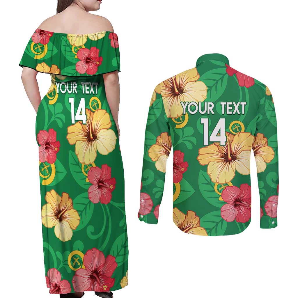 Custom Vanuatu Cricket Couples Matching Off Shoulder Maxi Dress and Long Sleeve Button Shirt 2024 Tropical Flowers Version LT14 - Polynesian Pride