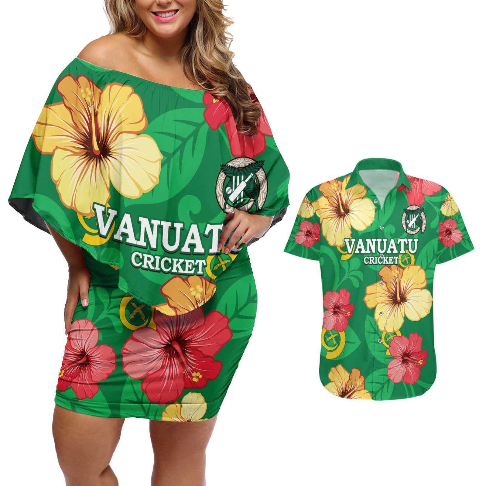 Custom Vanuatu Cricket Couples Matching Off Shoulder Short Dress and Hawaiian Shirt 2024 Tropical Flowers Version LT14 Green - Polynesian Pride