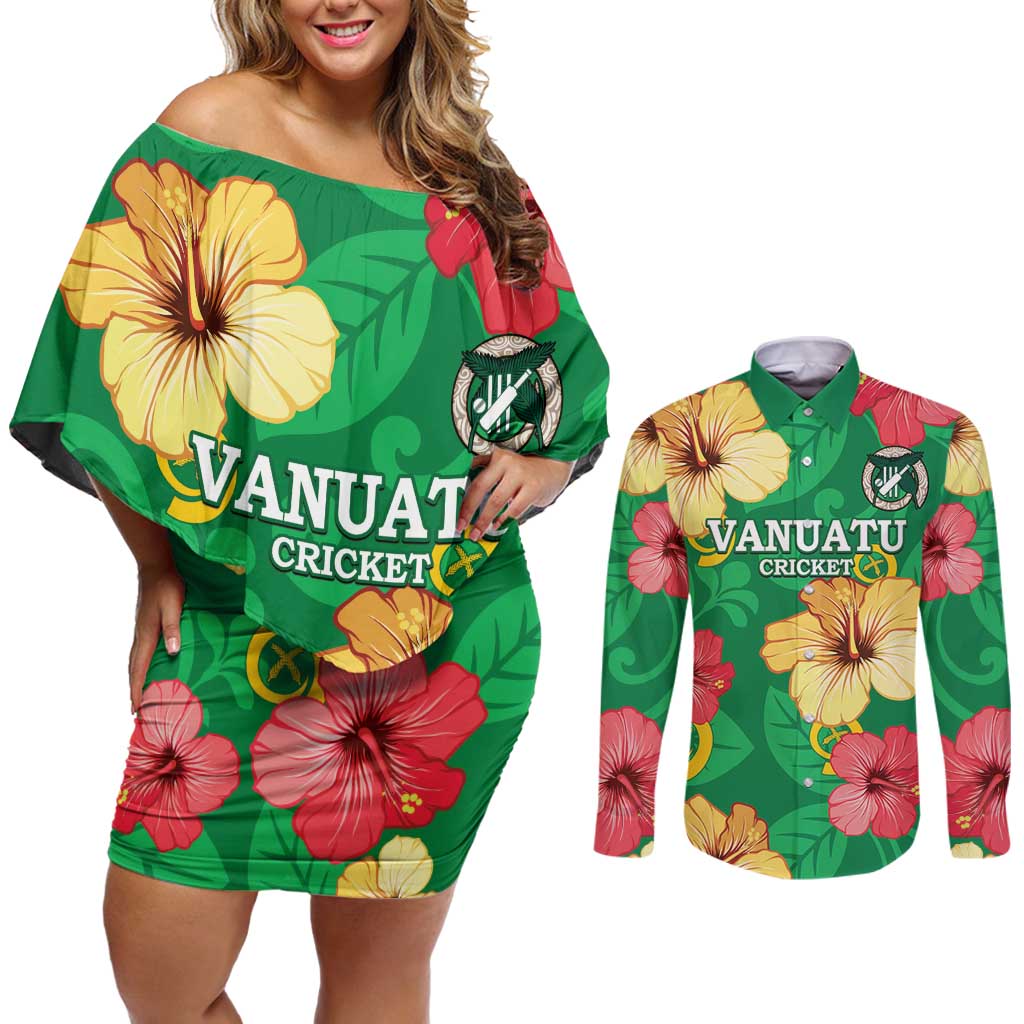Custom Vanuatu Cricket Couples Matching Off Shoulder Short Dress and Long Sleeve Button Shirt 2024 Tropical Flowers Version LT14 Green - Polynesian Pride