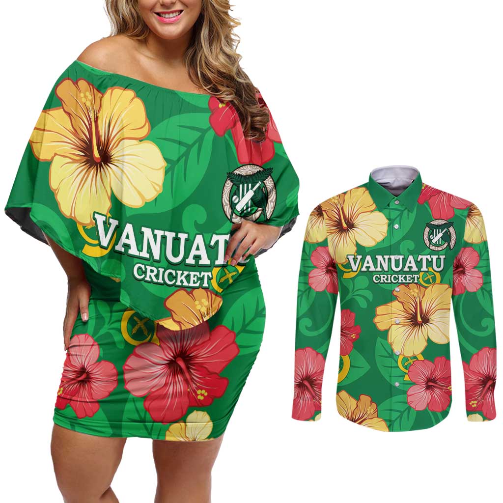 Custom Vanuatu Cricket Couples Matching Off Shoulder Short Dress and Long Sleeve Button Shirt 2024 Tropical Flowers Version