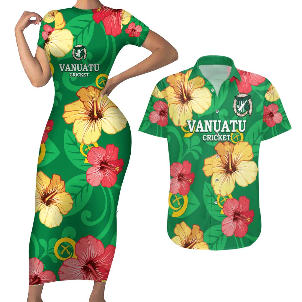 Custom Vanuatu Cricket Couples Matching Short Sleeve Bodycon Dress and Hawaiian Shirt 2024 Tropical Flowers Version LT14 Green - Polynesian Pride