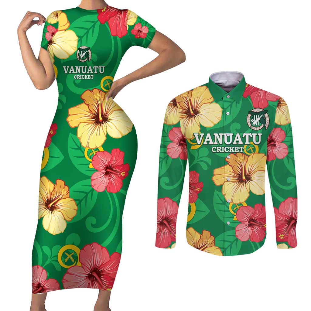 Custom Vanuatu Cricket Couples Matching Short Sleeve Bodycon Dress and Long Sleeve Button Shirt 2024 Tropical Flowers Version LT14 Green - Polynesian Pride
