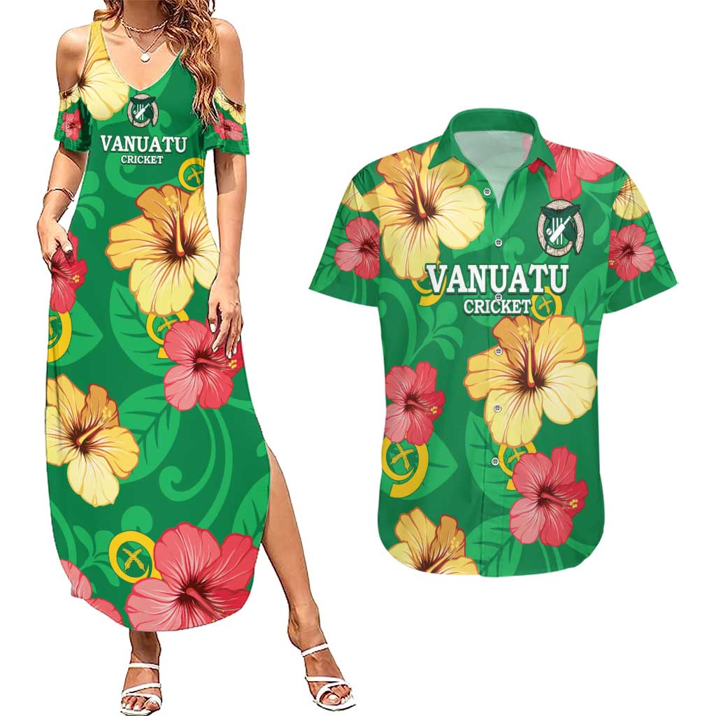 Custom Vanuatu Cricket Couples Matching Summer Maxi Dress and Hawaiian Shirt 2024 Tropical Flowers Version LT14 Green - Polynesian Pride