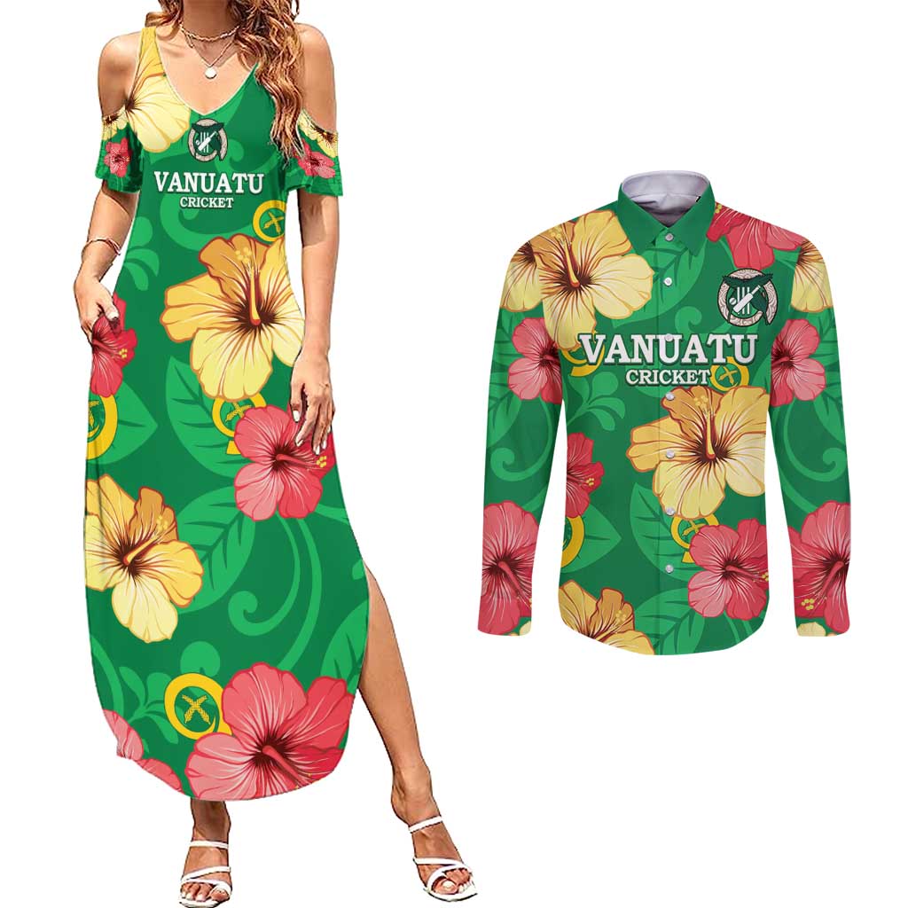 Custom Vanuatu Cricket Couples Matching Summer Maxi Dress and Long Sleeve Button Shirt 2024 Tropical Flowers Version LT14 Green - Polynesian Pride