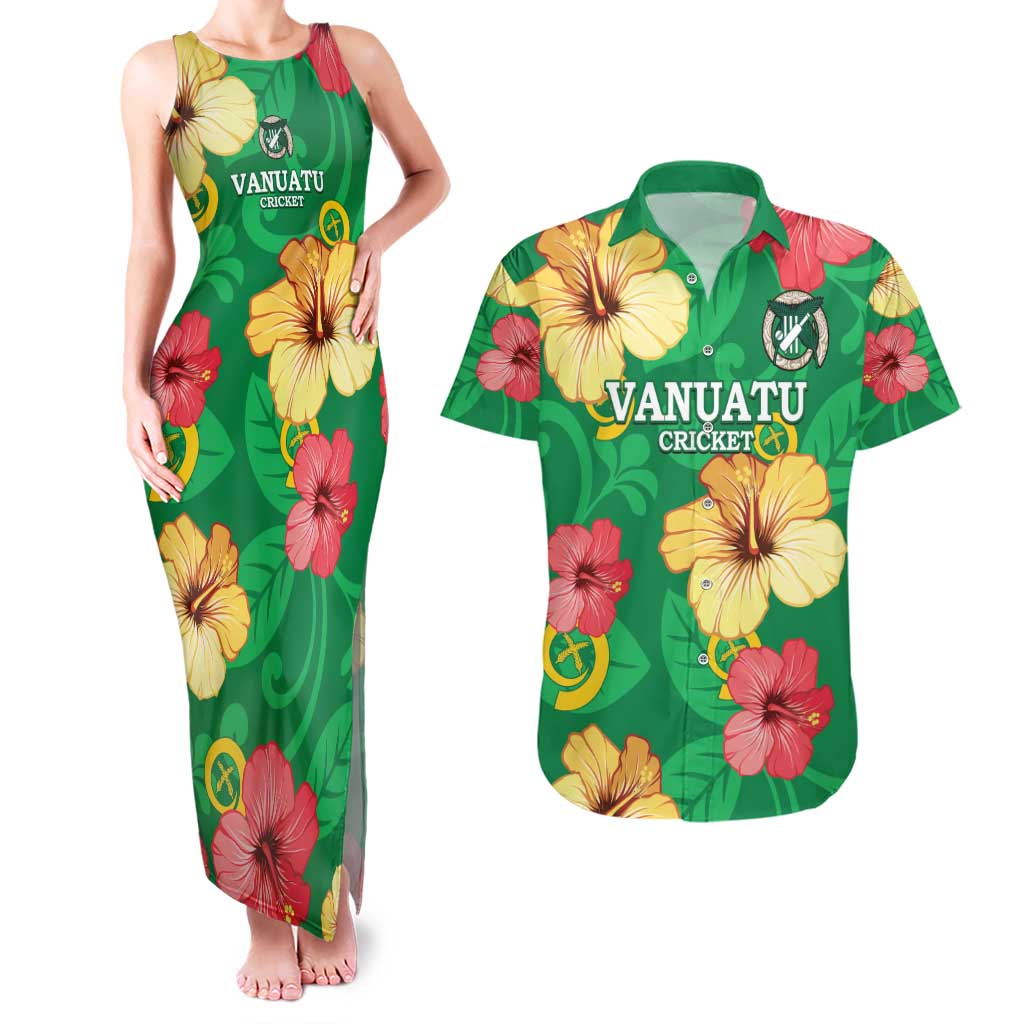 Custom Vanuatu Cricket Couples Matching Tank Maxi Dress and Hawaiian Shirt 2024 Tropical Flowers Version LT14 Green - Polynesian Pride
