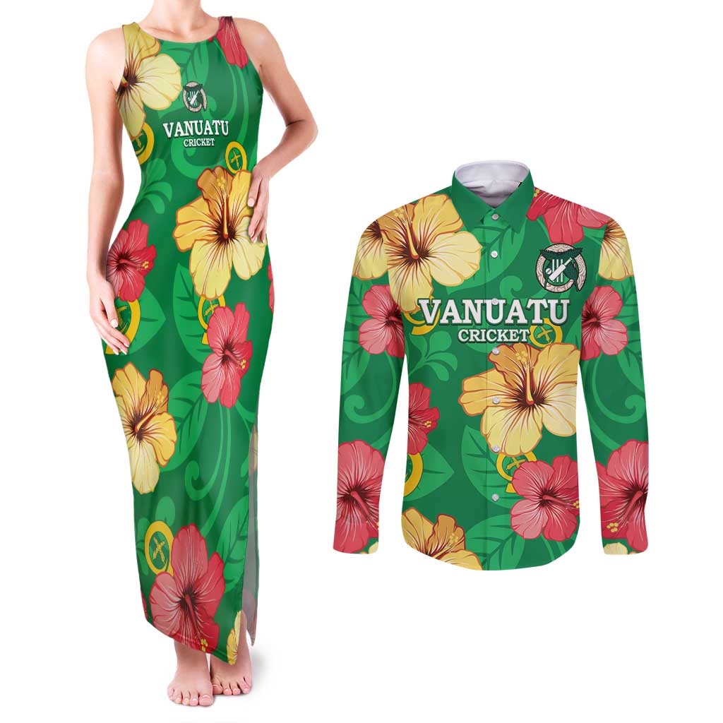 Custom Vanuatu Cricket Couples Matching Tank Maxi Dress and Long Sleeve Button Shirt 2024 Tropical Flowers Version LT14 Green - Polynesian Pride