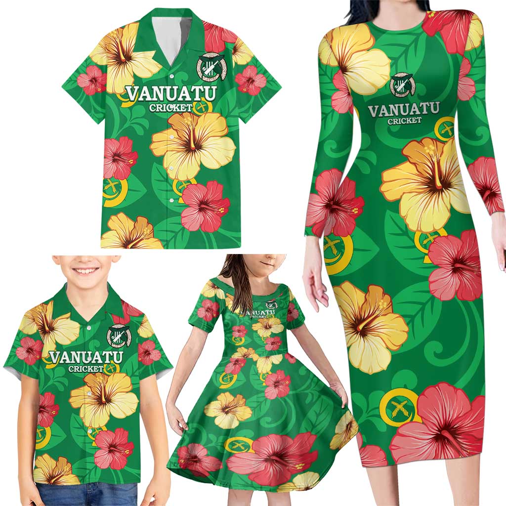 Custom Vanuatu Cricket Family Matching Long Sleeve Bodycon Dress and Hawaiian Shirt 2024 Tropical Flowers Version