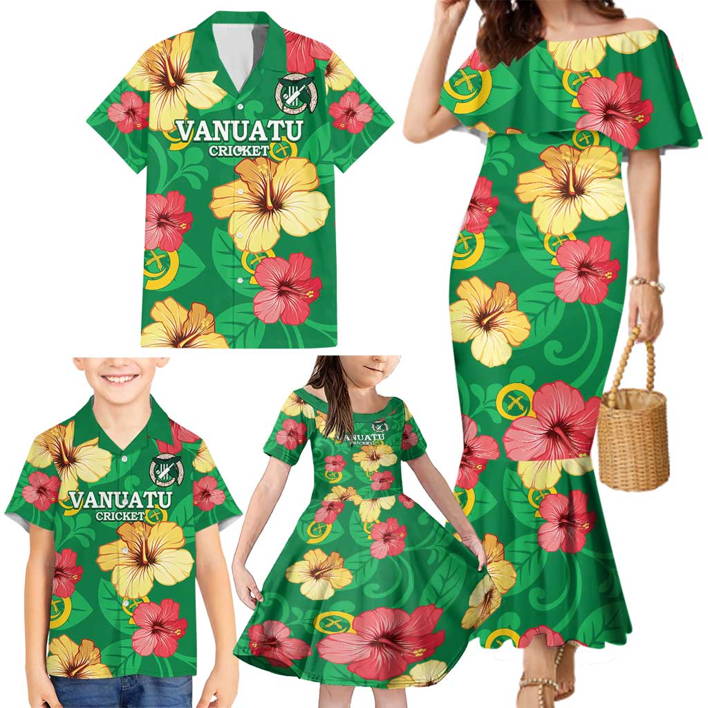 Custom Vanuatu Cricket Family Matching Mermaid Dress and Hawaiian Shirt 2024 Tropical Flowers Version