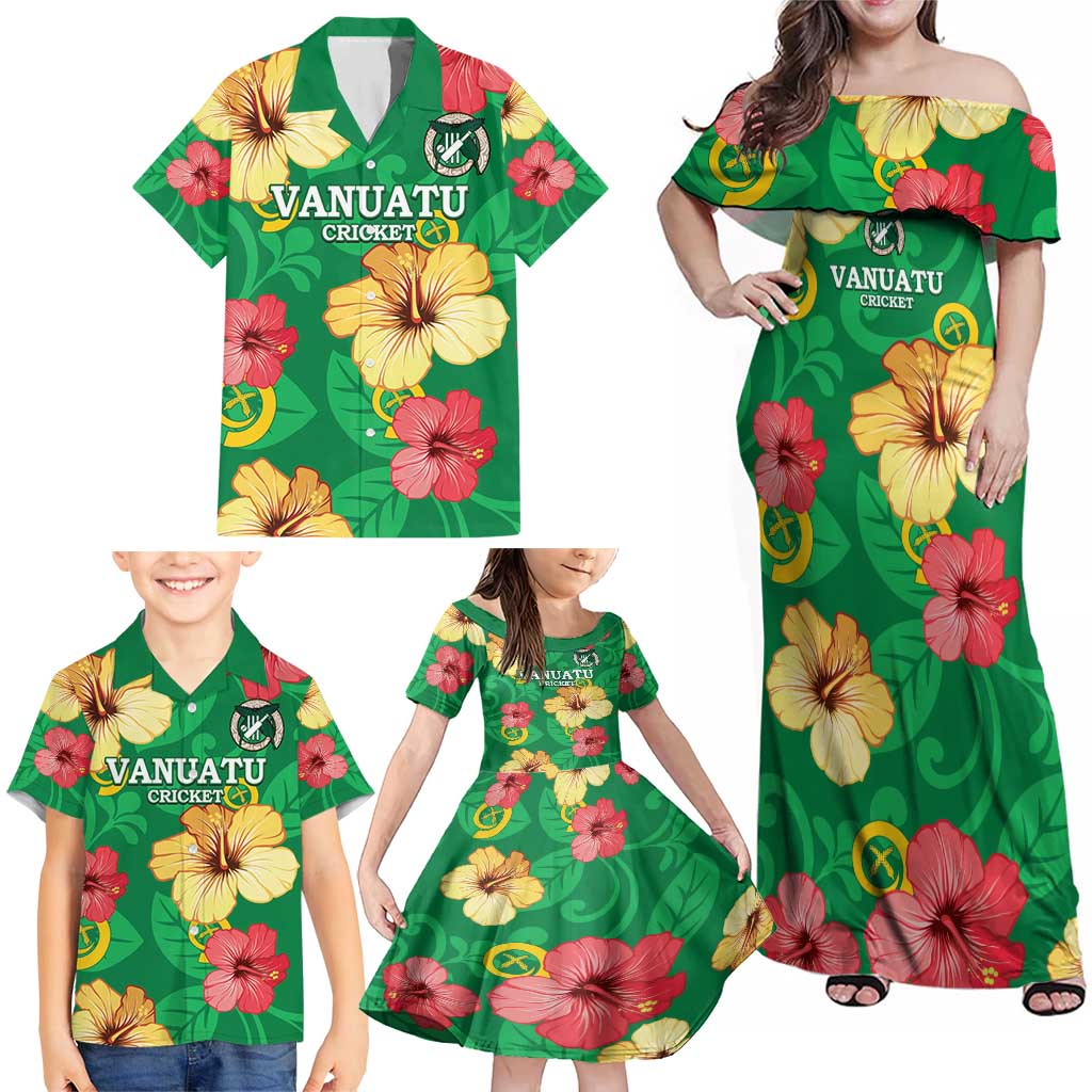 Custom Vanuatu Cricket Family Matching Off Shoulder Maxi Dress and Hawaiian Shirt 2024 Tropical Flowers Version LT14 - Polynesian Pride