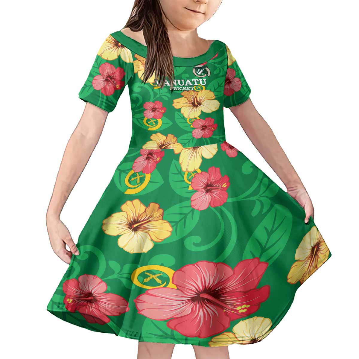 Custom Vanuatu Cricket Family Matching Puletasi and Hawaiian Shirt 2024 Tropical Flowers Version LT14 Daughter's Dress Green - Polynesian Pride
