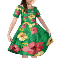 Custom Vanuatu Cricket Family Matching Puletasi and Hawaiian Shirt 2024 Tropical Flowers Version LT14 Daughter's Dress Green - Polynesian Pride