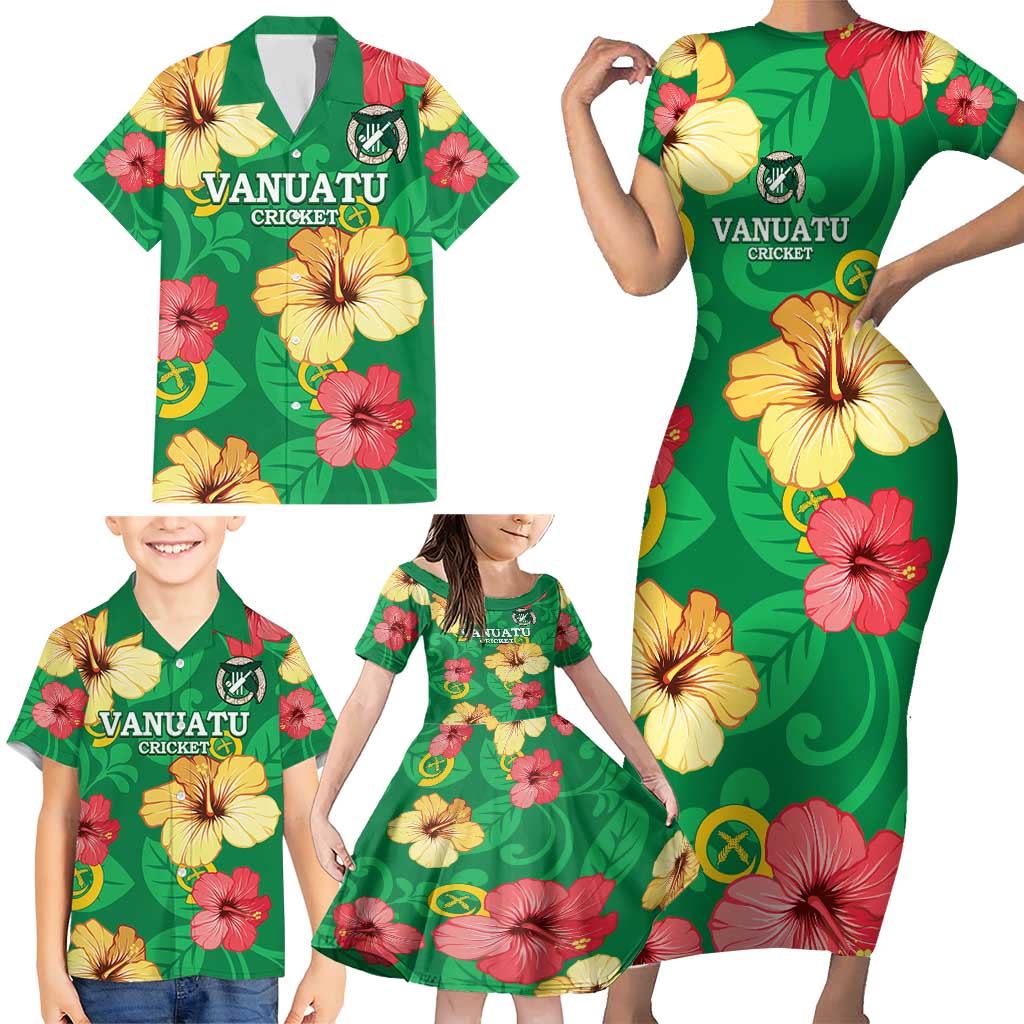 Custom Vanuatu Cricket Family Matching Short Sleeve Bodycon Dress and Hawaiian Shirt 2024 Tropical Flowers Version