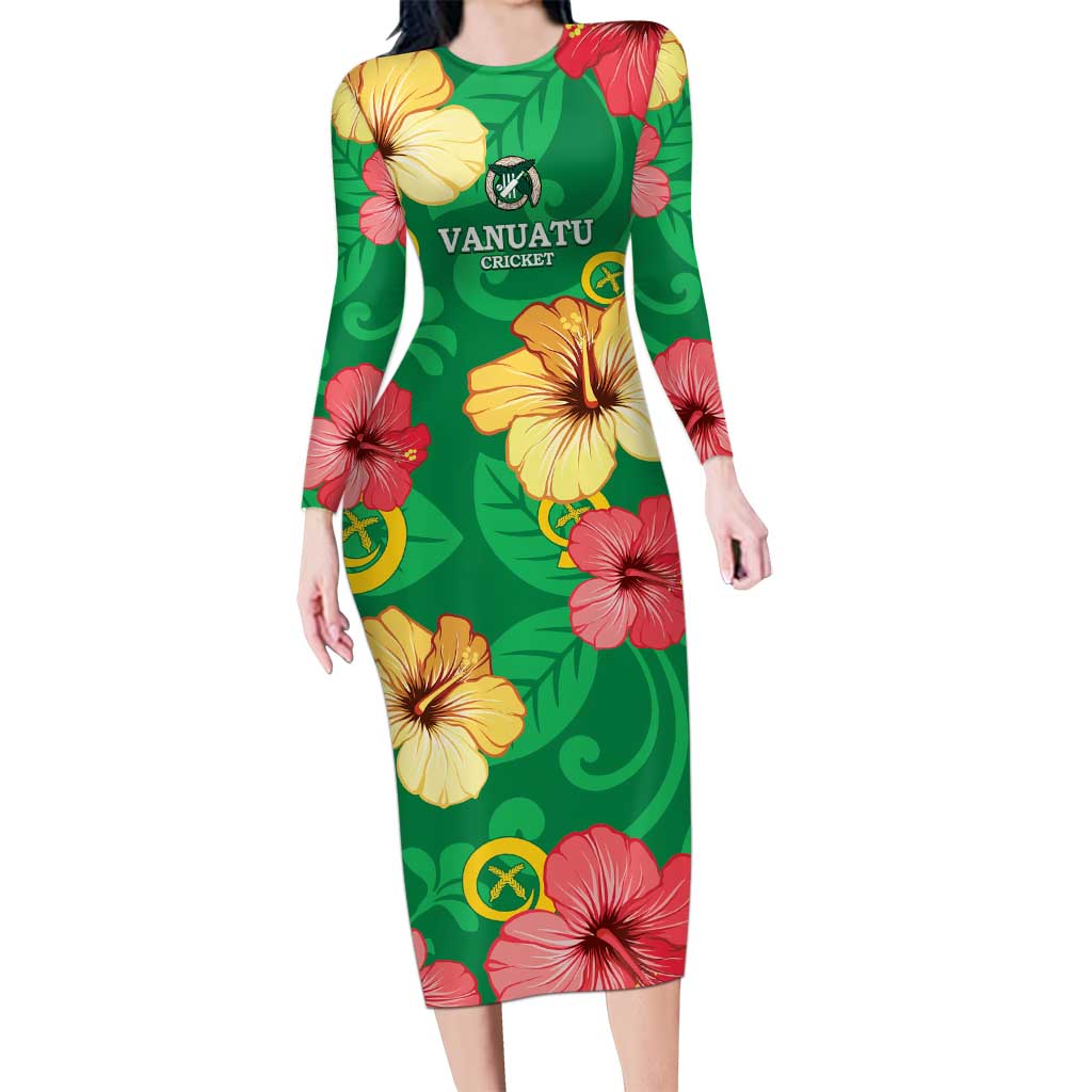 Custom Vanuatu Cricket Long Sleeve Bodycon Dress 2024 Tropical Flowers Version