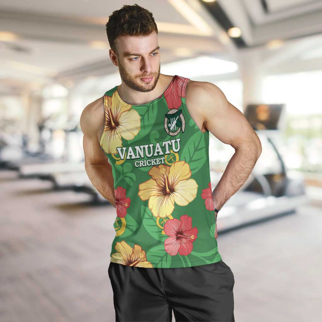 Custom Vanuatu Cricket Men Tank Top 2024 Tropical Flowers Version LT14 Green - Polynesian Pride