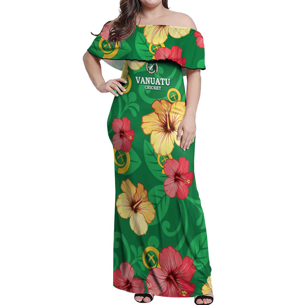 Custom Vanuatu Cricket Off Shoulder Maxi Dress 2024 Tropical Flowers Version LT14 Women Green - Polynesian Pride