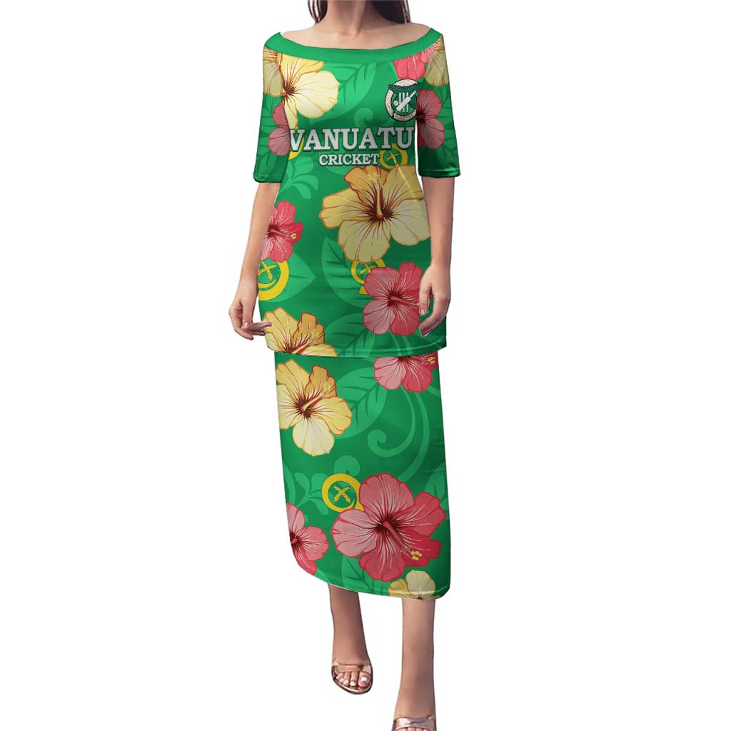 Custom Vanuatu Cricket Puletasi 2024 Tropical Flowers Version LT14 Long Dress Green - Polynesian Pride
