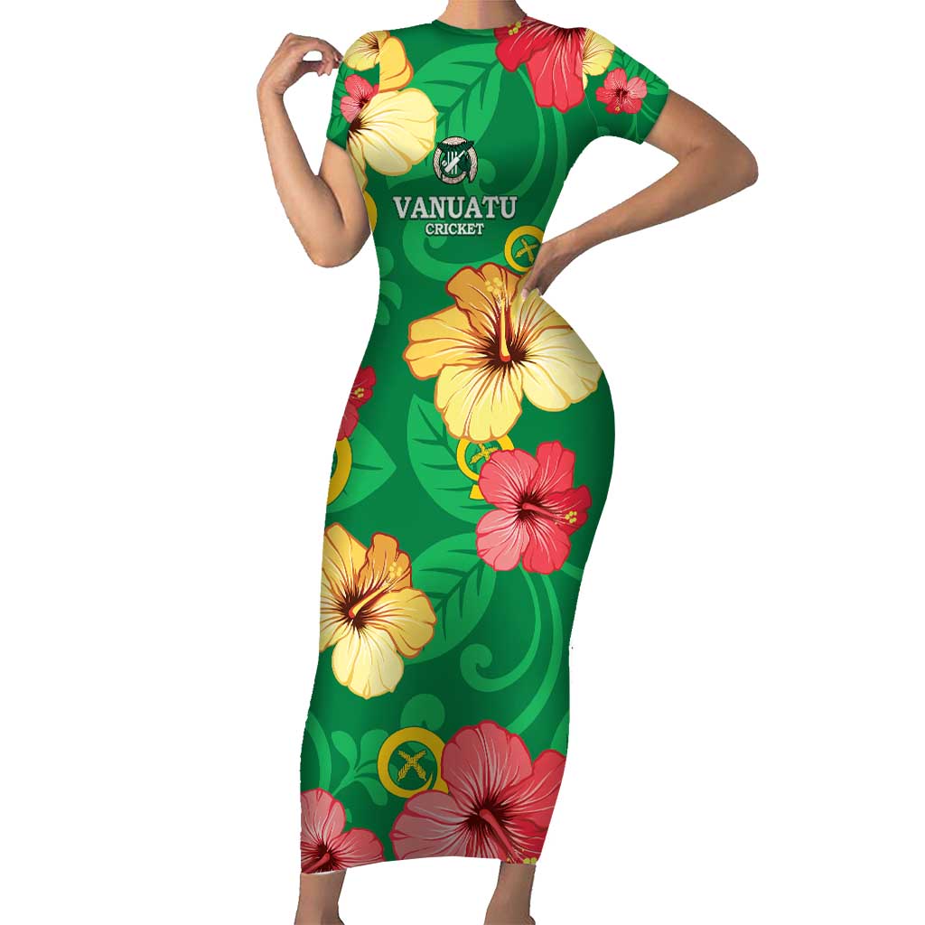 Custom Vanuatu Cricket Short Sleeve Bodycon Dress 2024 Tropical Flowers Version