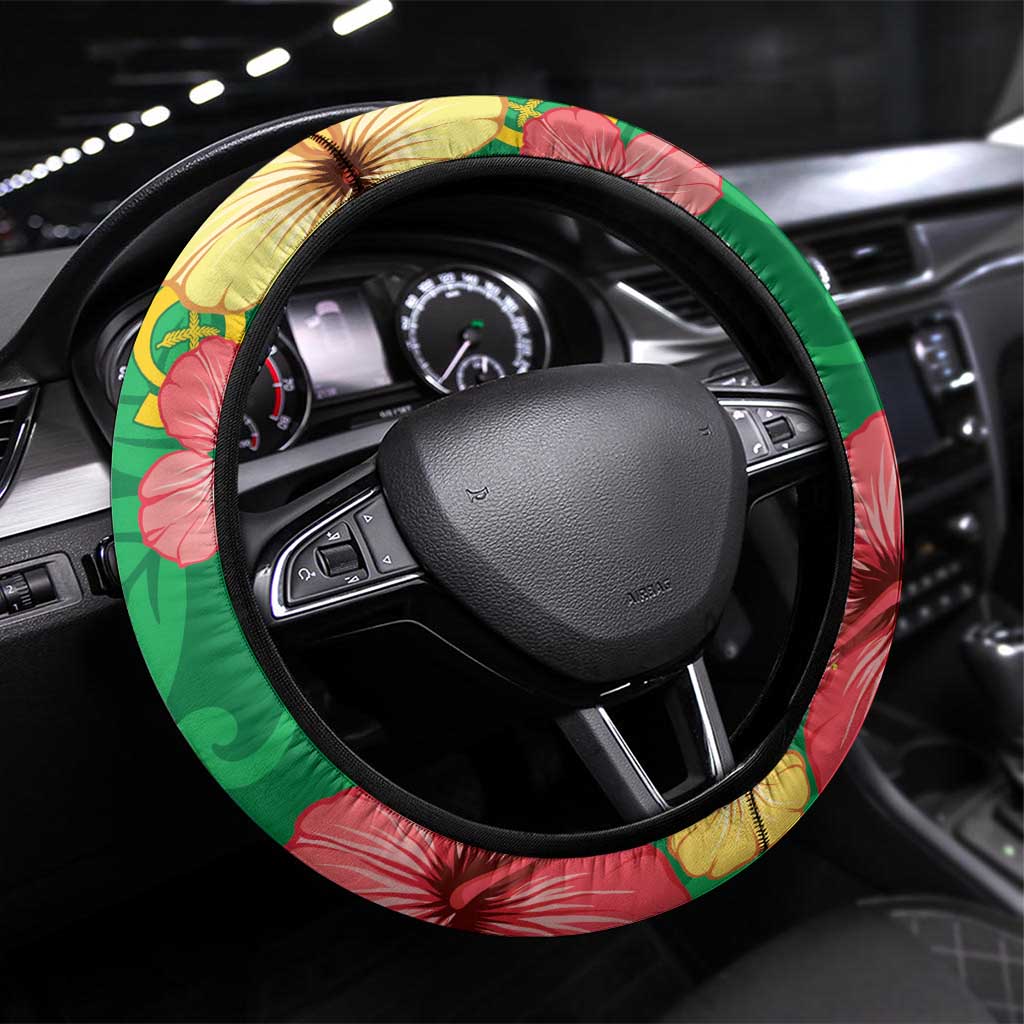 Vanuatu Cricket Steering Wheel Cover 2024 Tropical Flowers Version LT14 Universal Fit Green - Polynesian Pride