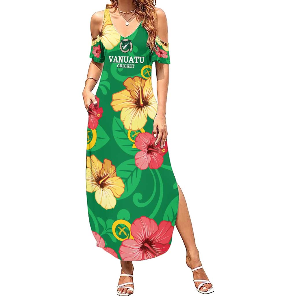 Custom Vanuatu Cricket Summer Maxi Dress 2024 Tropical Flowers Version LT14 Women Green - Polynesian Pride