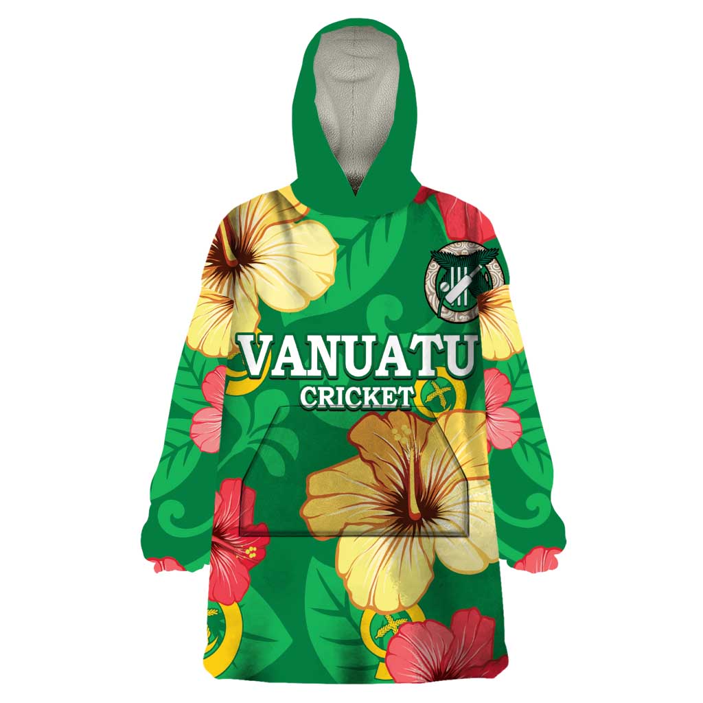 Custom Vanuatu Cricket Wearable Blanket Hoodie 2024 Tropical Flowers Version