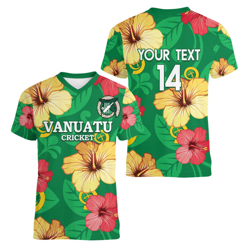 Custom Vanuatu Cricket Women V-Neck T-Shirt 2024 Tropical Flowers Version