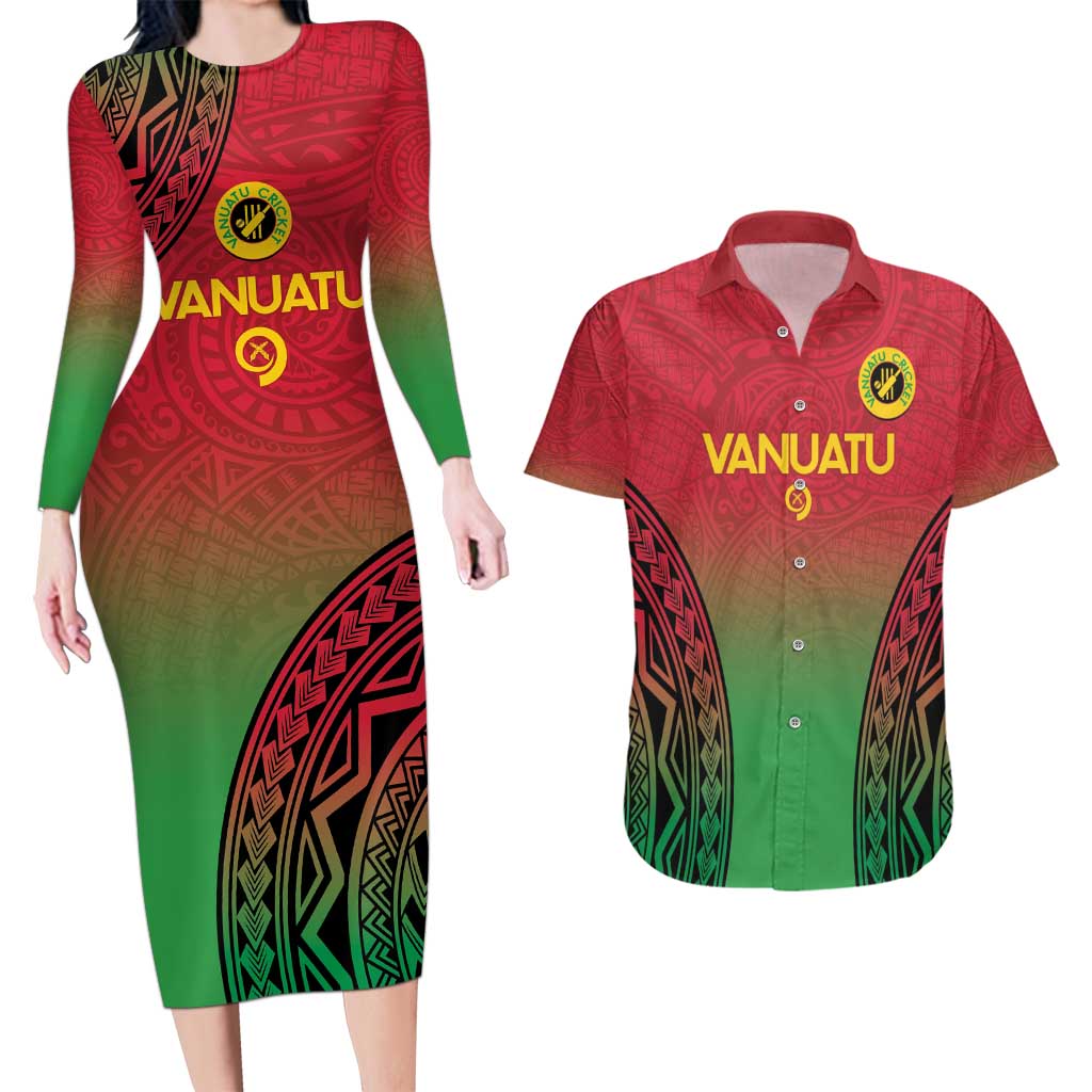 Custom Vanuatu Cricket Couples Matching Long Sleeve Bodycon Dress and Hawaiian Shirt 2024 Polynesian Pattern Sporty Style LT14 Red - Polynesian Pride